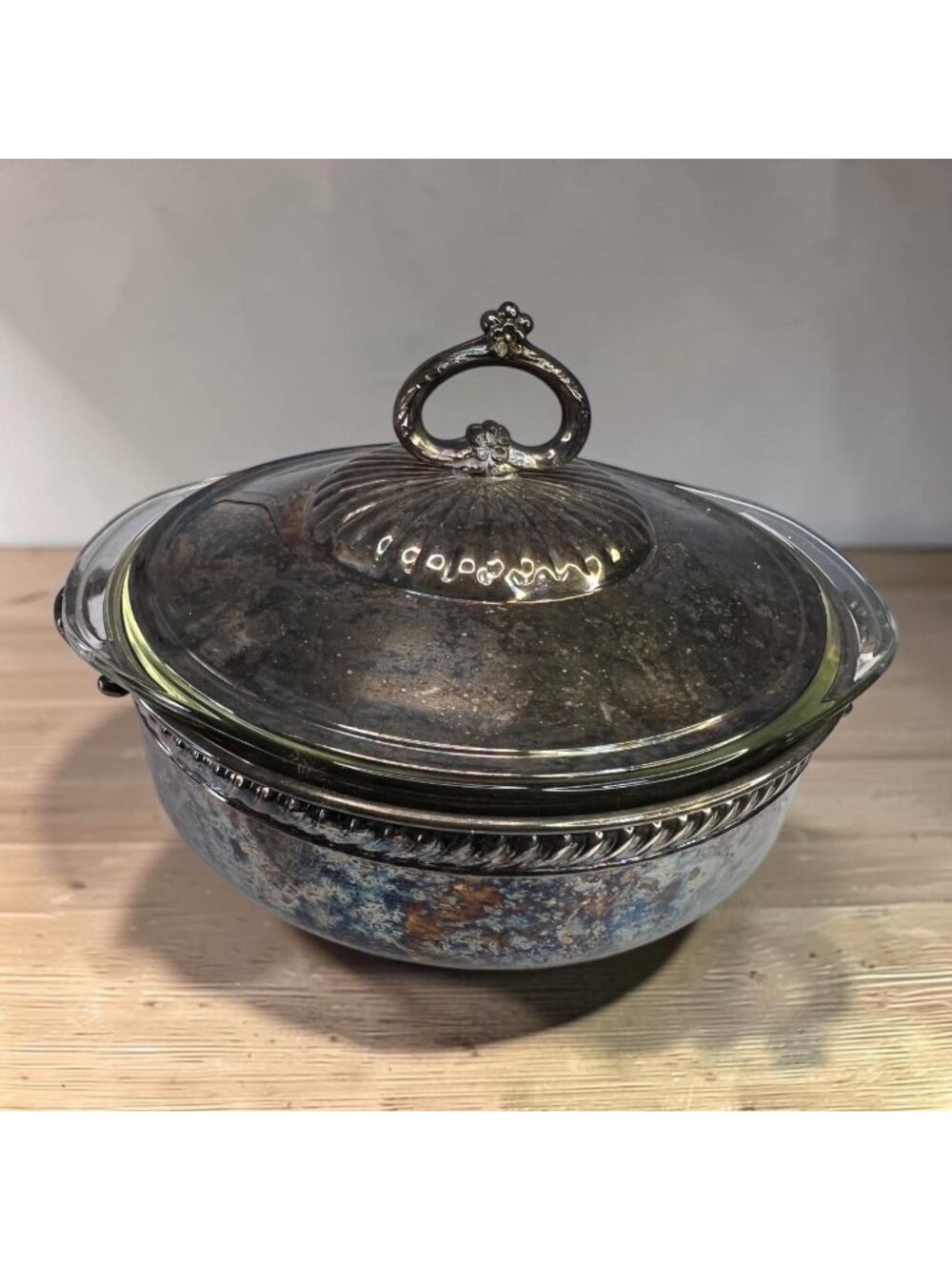 Vintage Pyrex 2 Quart Silver-Plated Covered Dish With Ornate Lid Handle